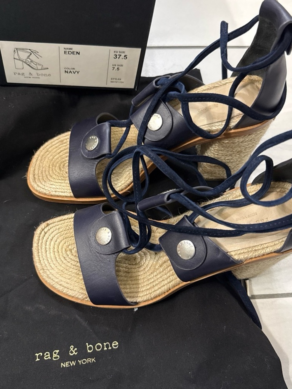rag & bone Navy Leather Lace-Up Espadrille Wedge Sandals